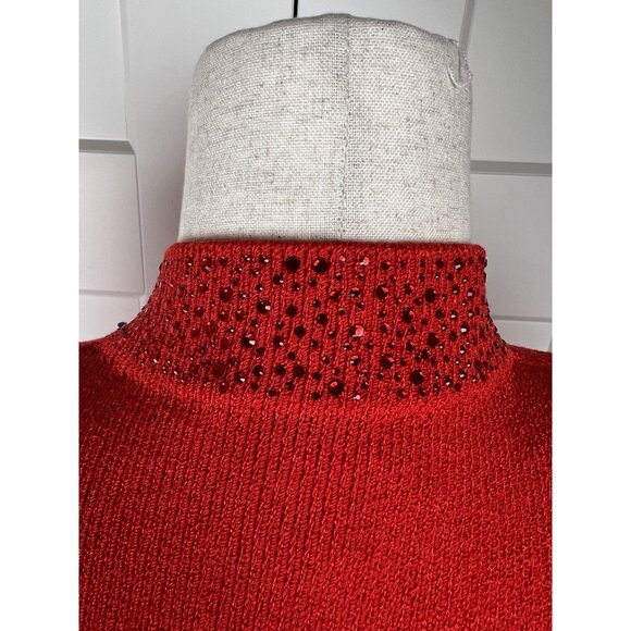 Vintage Toula Red Crystal Knit Skirt Suit Evening Jacket Set Size 12 Elegant - Picture 9 of 14